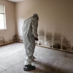 Technician inspecting moldy interior, mold remediation by Legends Restoration and Group