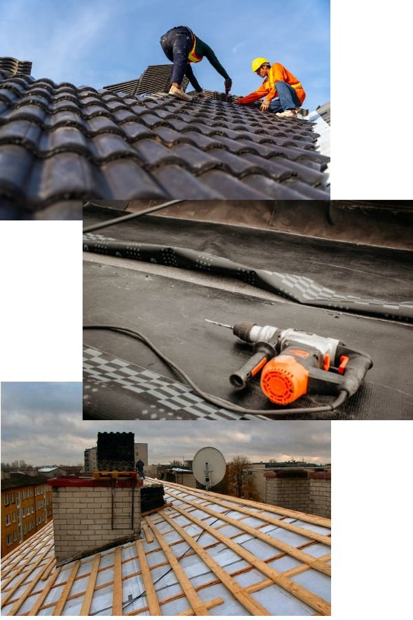 Collarge of image that show roofing repair and replacement.