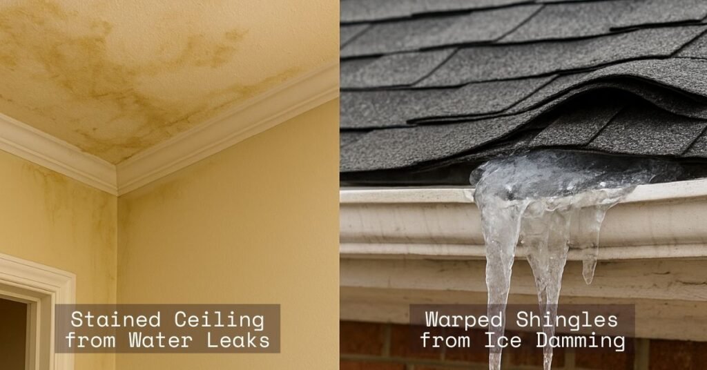 Interior water damage and exterior roof issues caused by winter ice dams in Snellville GA homes