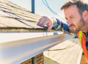Technician inspecting and cleaning roof gutters – Legends Restoration and Group