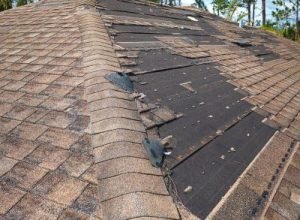 Roof damage due to bad weather and nee to replace missing shingles.